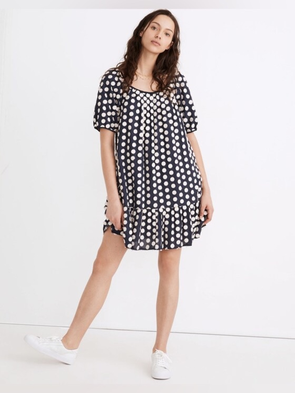 Madewell Shirred Ruffle-Hem Mini Dress Textured Dot Navy & Cream -Size Medium